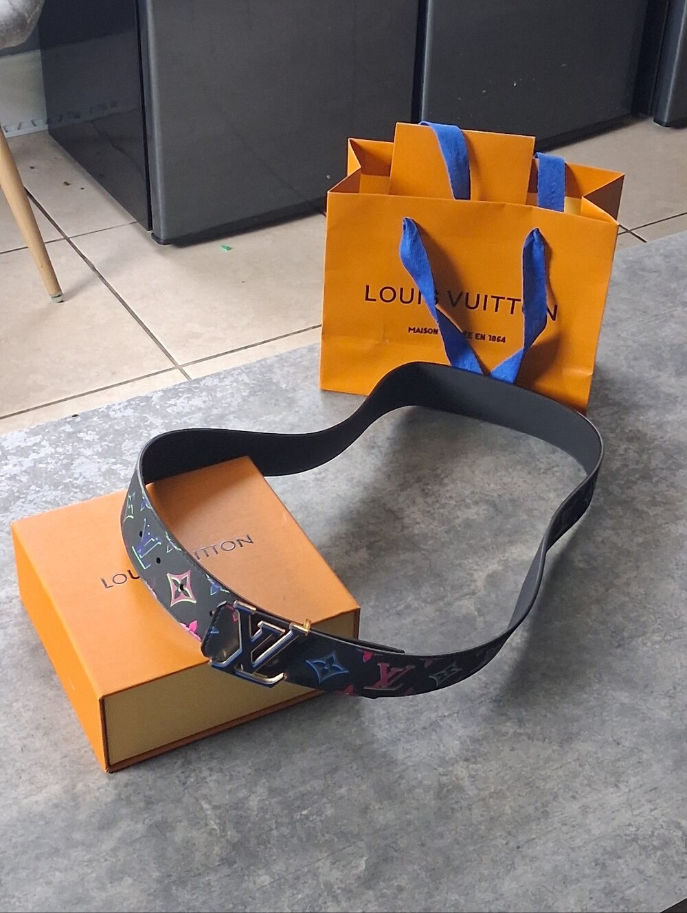 Louis Vuitton Black Multicolor Monogram Leather Belt with Silver LV Buckle